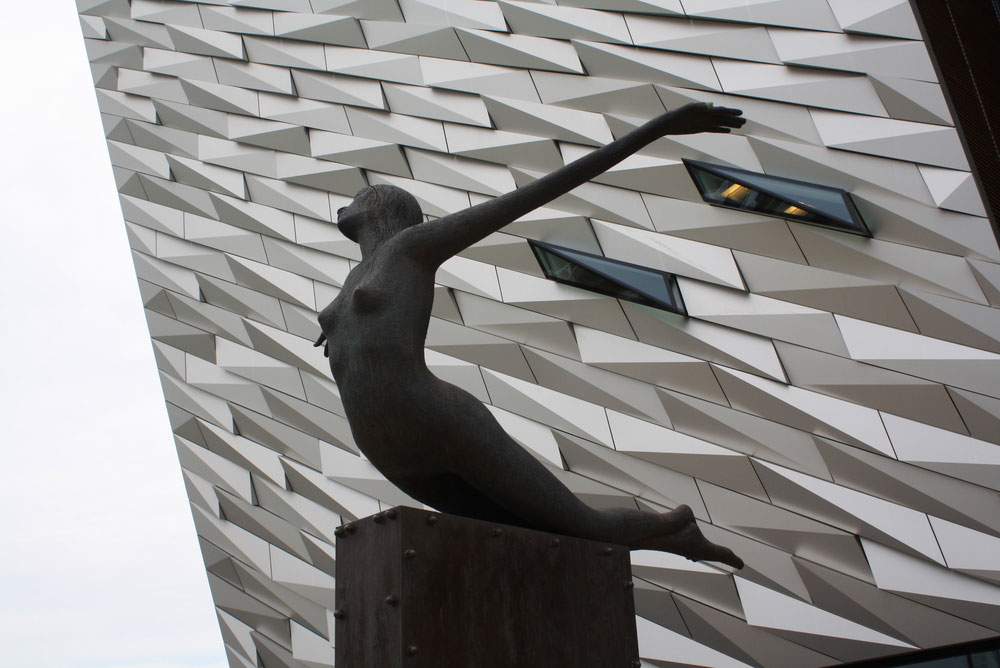 Titanica statue in front of Titanic Centre Belfast