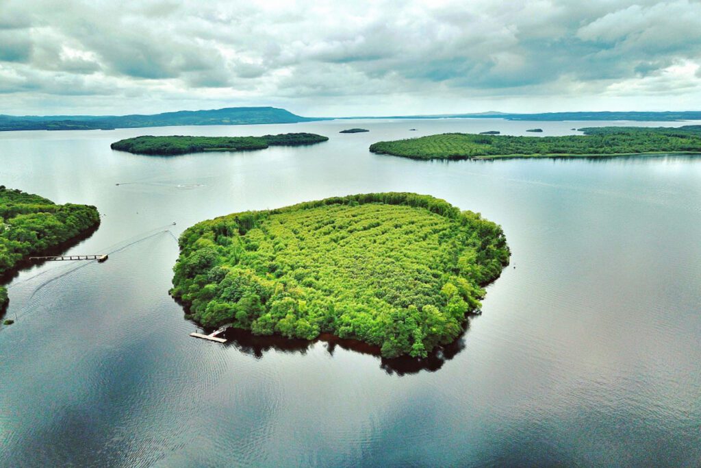 Aerial view looking over islands on Lough Erne near Enniskillen in Northern-Ireland