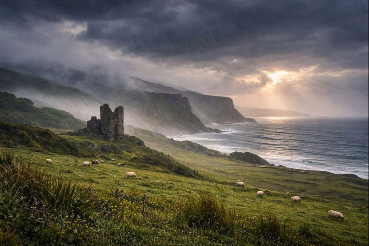 Misty Irish coastal landscape with dark clouds, rain showers, and sunlight breaking through over cliffs and the Atlantic Ocean