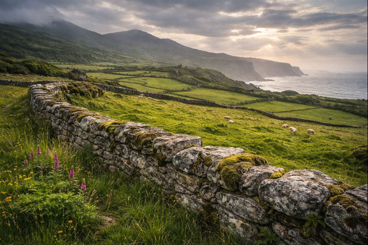 Traditional dry stone wall winding through rural Irish fields with hills and coastline in the distance