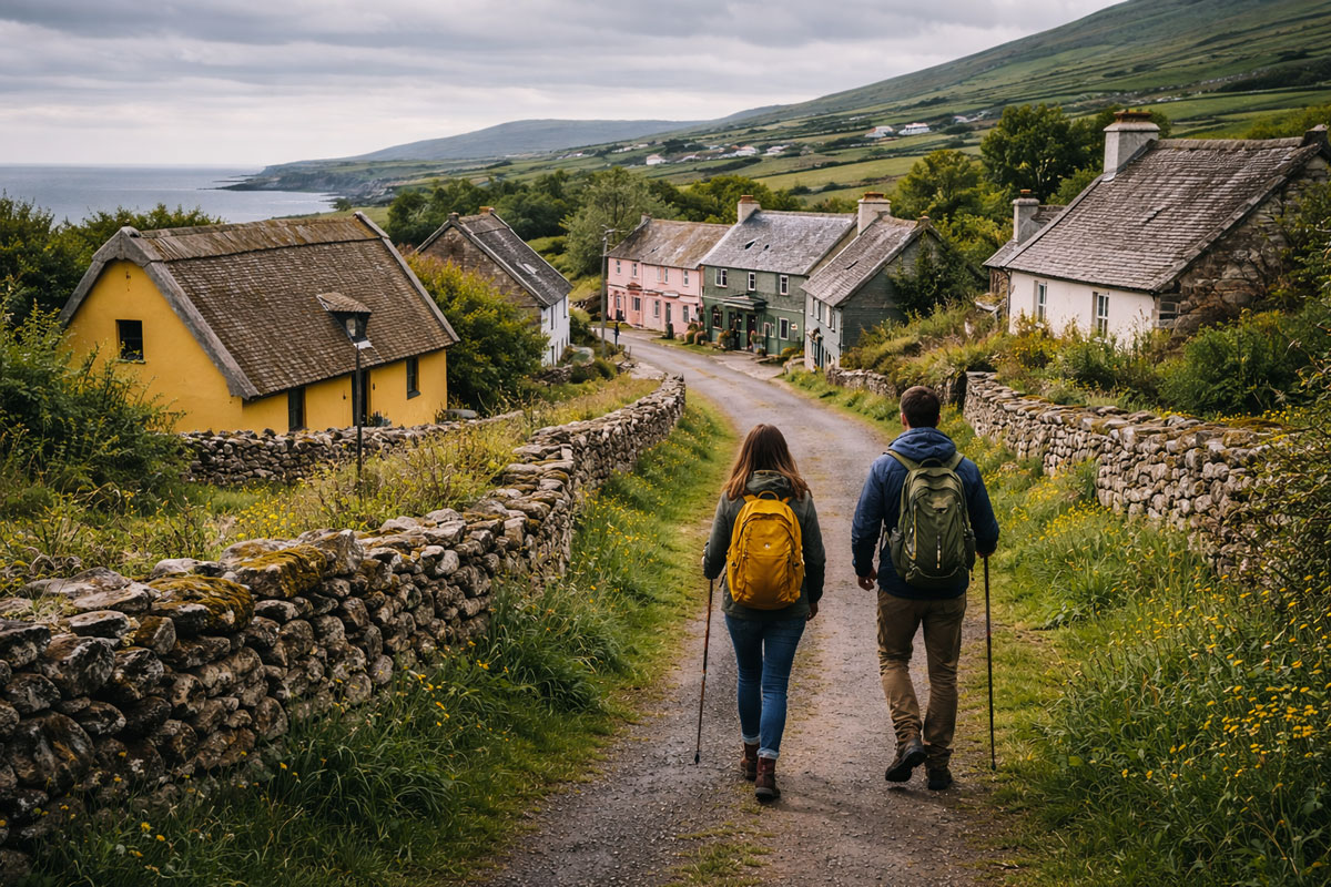 First-time visitors standing at a viewpoint overlooking a rural Irish village, countryside, and winding road