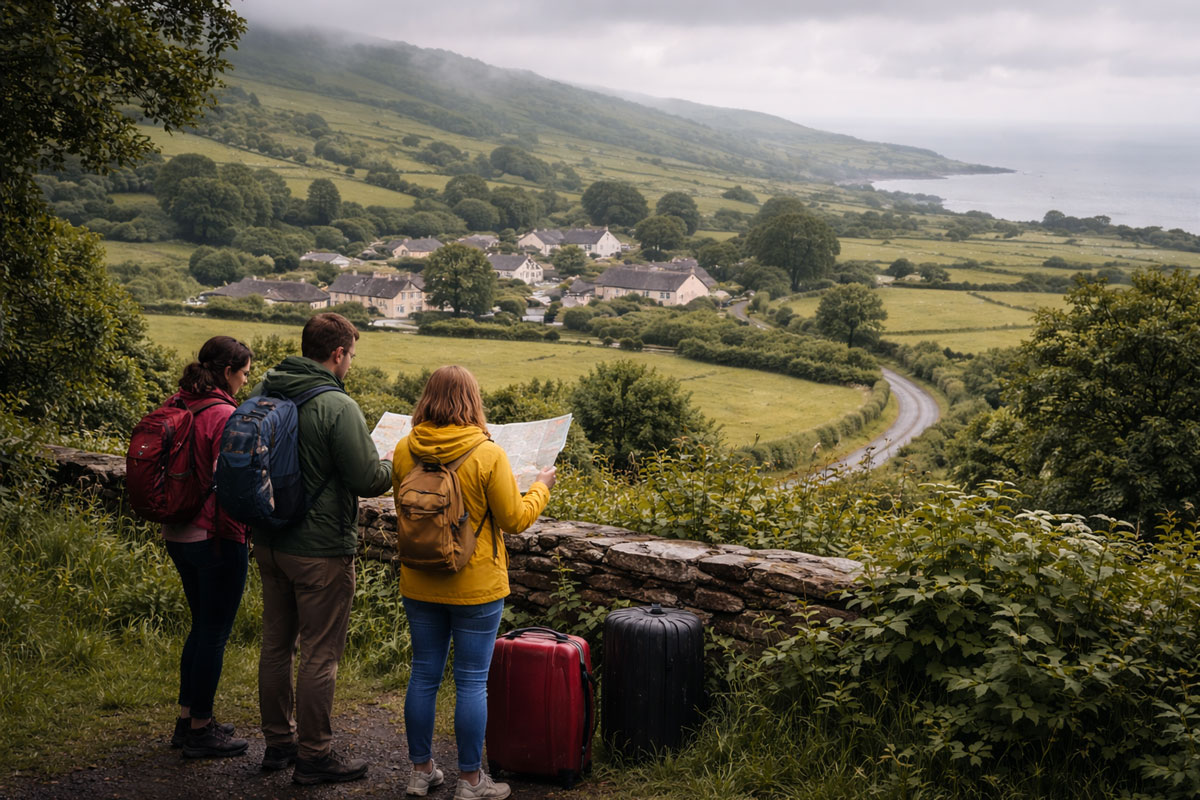 First-time visitors standing at a viewpoint overlooking a rural Irish village, countryside, and winding road