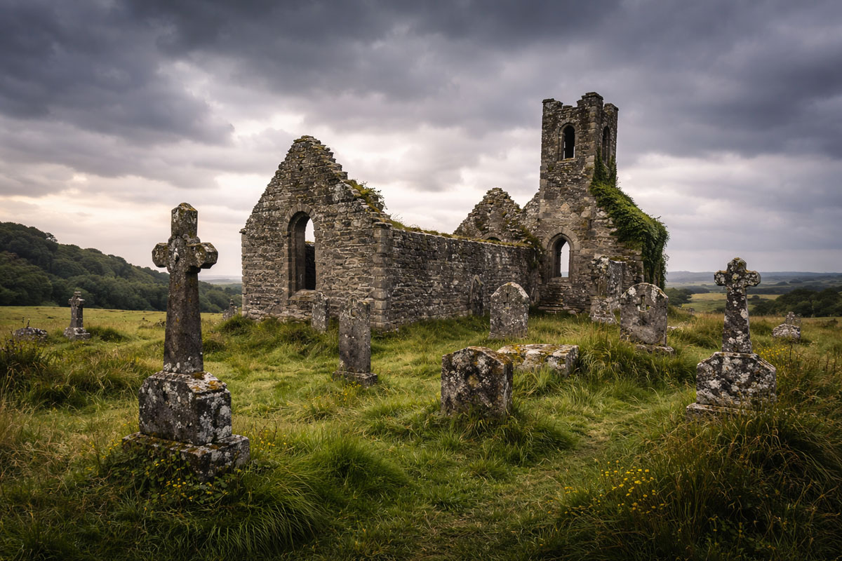 Roofless stone church ruin in rural Ireland with graveyard and cloudy sky