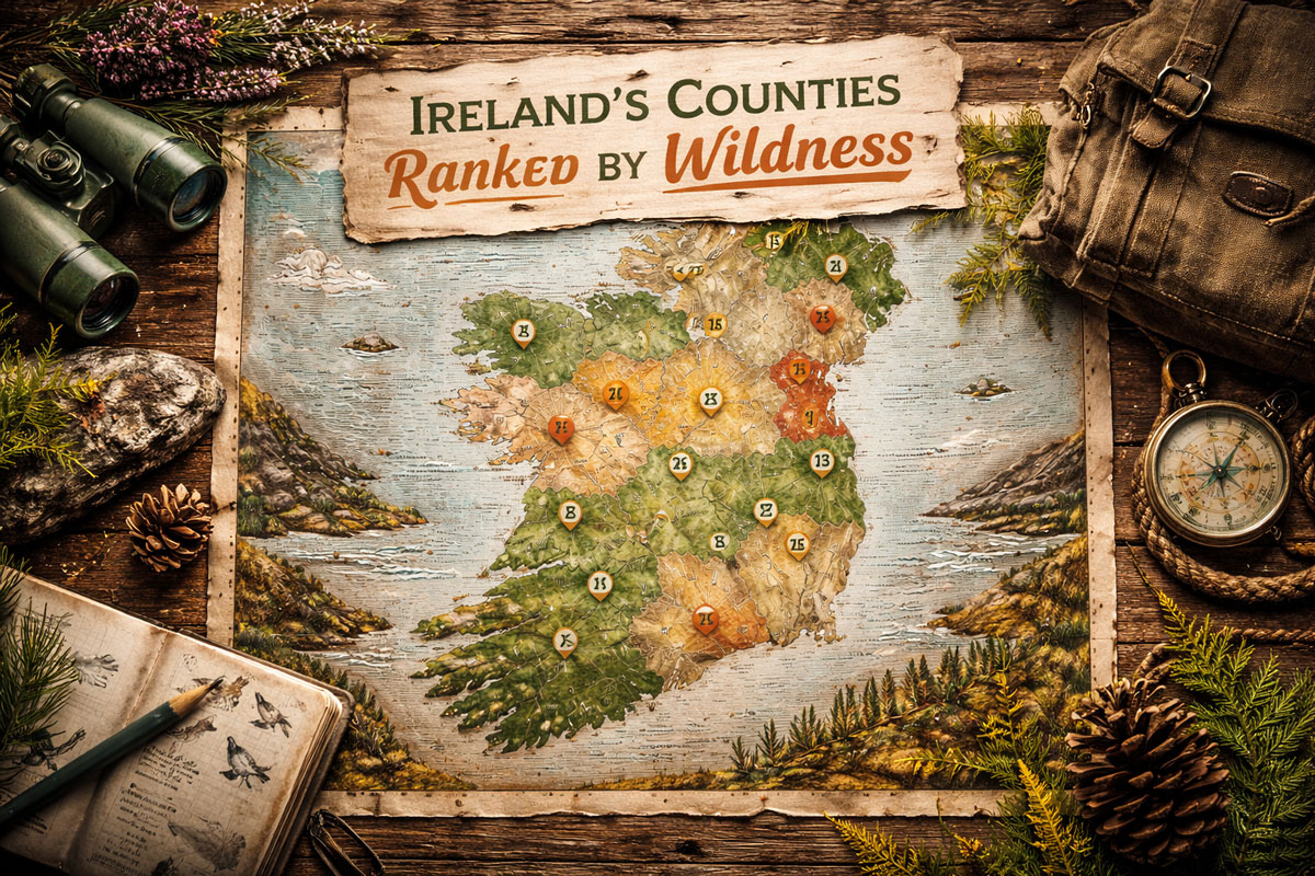 Illustrated map of Ireland showing counties ranked by wildness with travel gear and compass