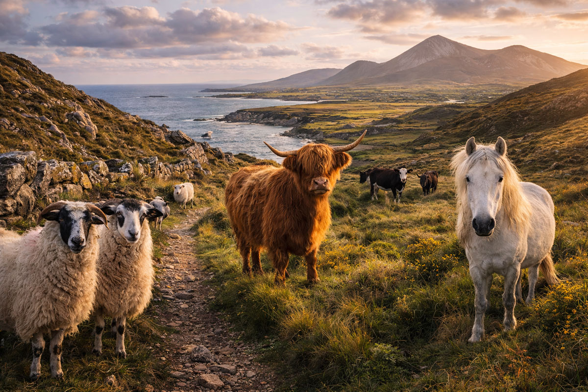 Sheep, cows and Connemara ponies in the Irish countryside