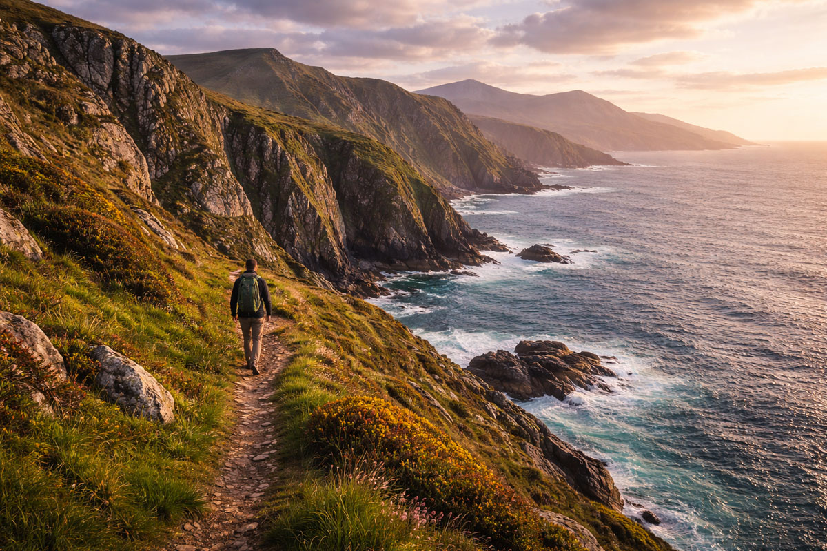 Solitary hiker walking along a dramatic Irish cliff path above the Atlantic Ocean at sunset