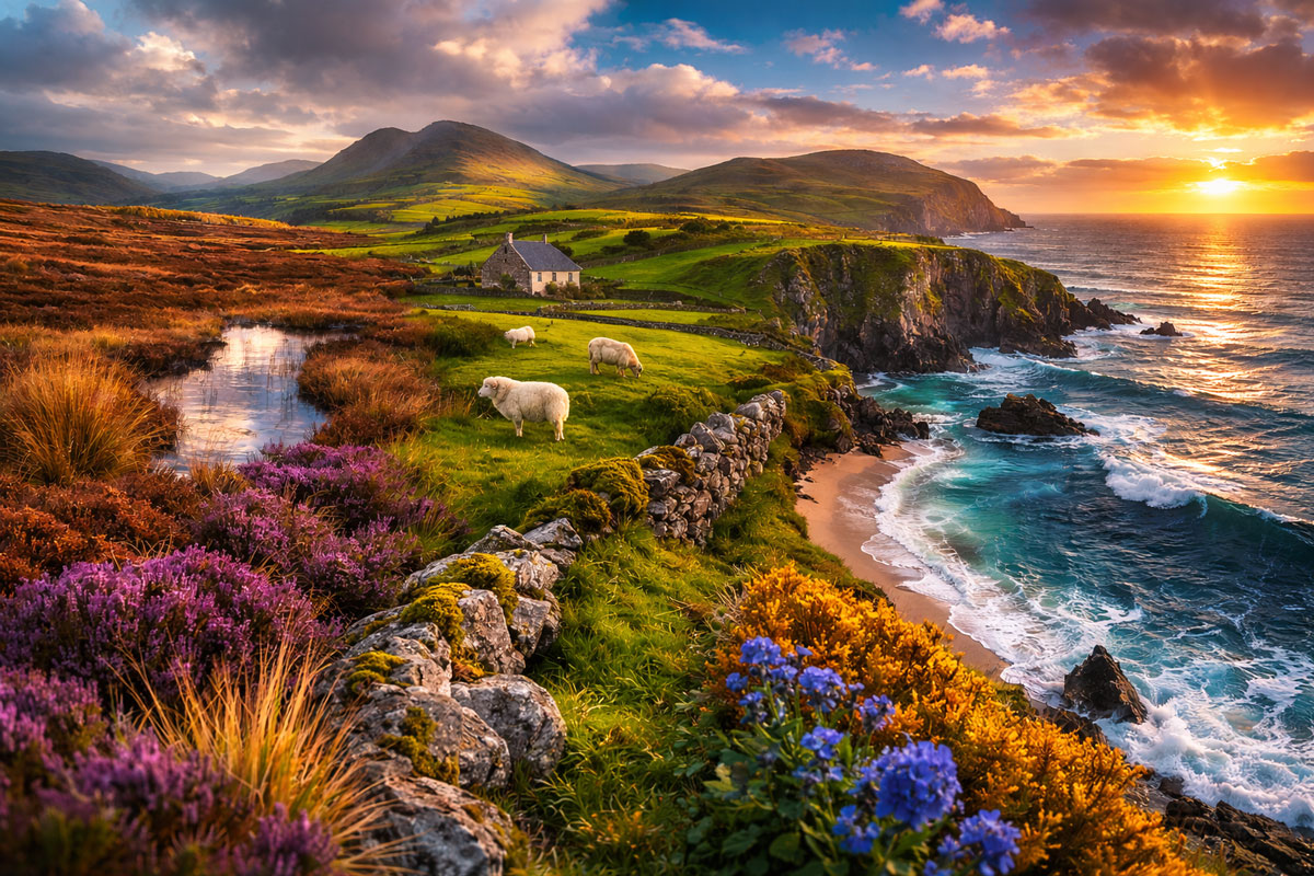 Vibrant Irish coastal landscape at sunset with green hills, bogland browns, stone walls, and Atlantic blue waves.