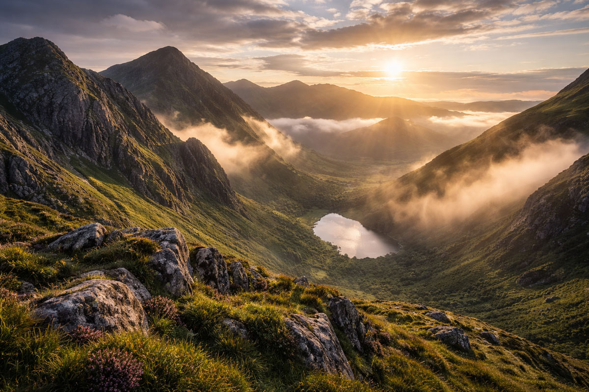 Dramatic Irish mountain landscape at sunrise with mist drifting through green valleys and a small lake surrounded by rugged peaks.
