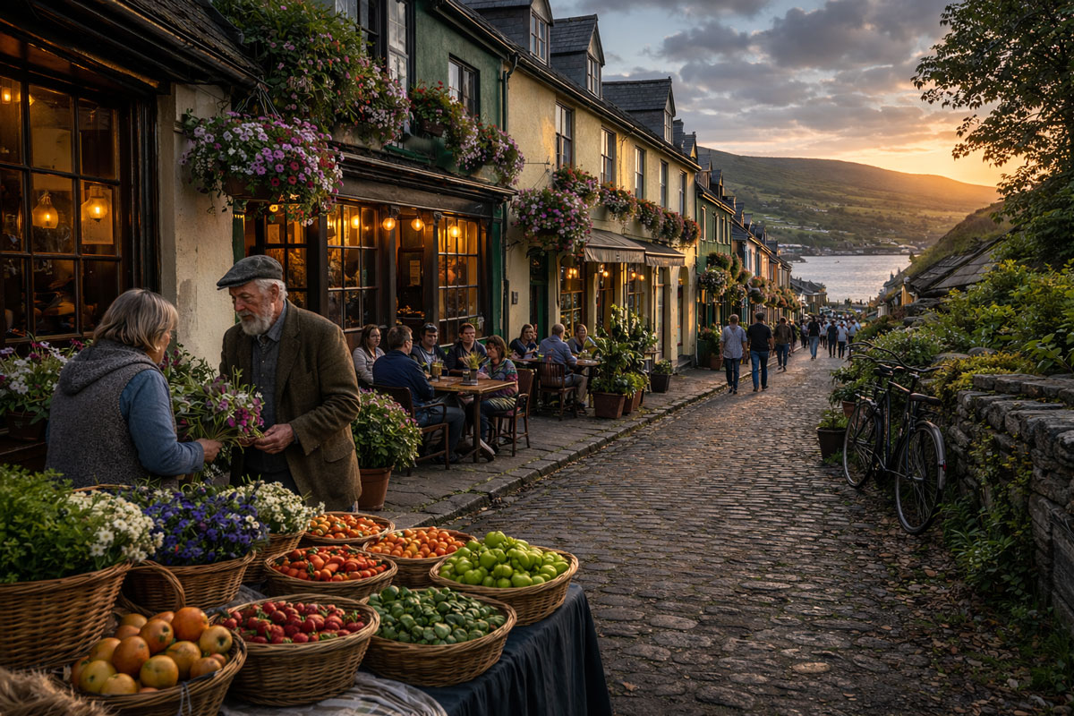 Vibrant Irish coastal landscape at sunset with green hills, bogland browns, stone walls, and Atlantic blue waves.