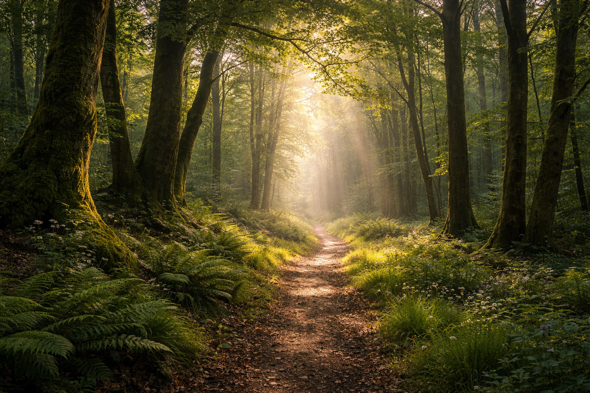Peaceful forest trail in Ireland with a sunlit path winding through tall trees, soft morning light filtering through leaves, and lush green ferns along the ground.