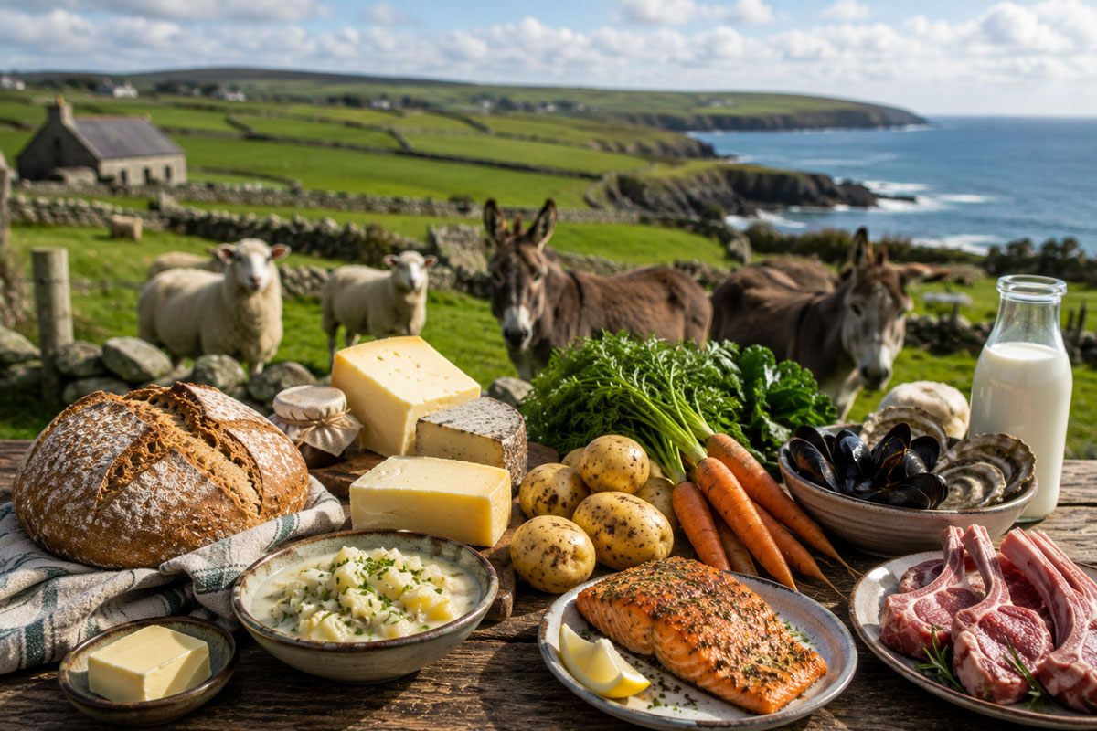 Traditional Irish foods including bread, cheese, potatoes, seafood, lamb, and butter displayed on a rustic table overlooking the Irish coastline, with sheep and donkeys grazing in green fields behind.