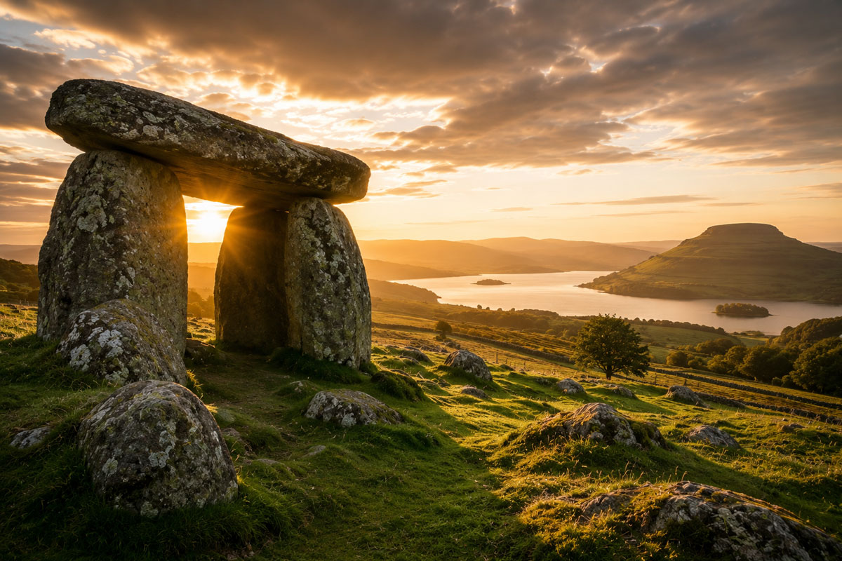 Ancient stone dolmen in the Irish countryside at sunset, with golden light shining through and rolling green hills and a lake in the background.