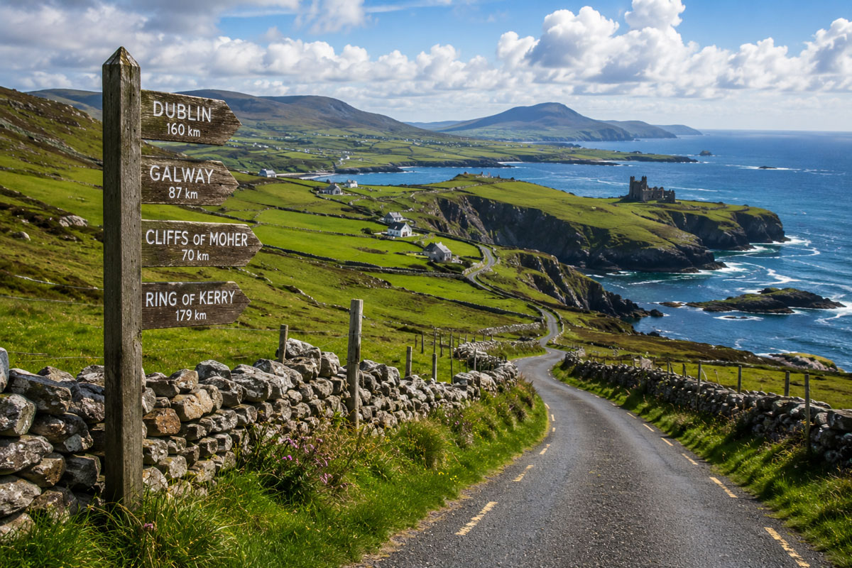 Scenic Irish coastal road winding through rolling green countryside with stone walls, dramatic sea cliffs, and Atlantic Ocean views under a bright blue sky.