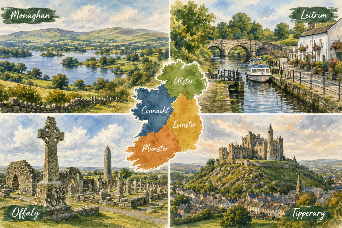 Watercolor-style collage featuring four overlooked Irish counties—Monaghan, Leitrim, Offaly, and Tipperary—with scenic landscapes, historic landmarks, and a map of Ireland's four provinces at the center.