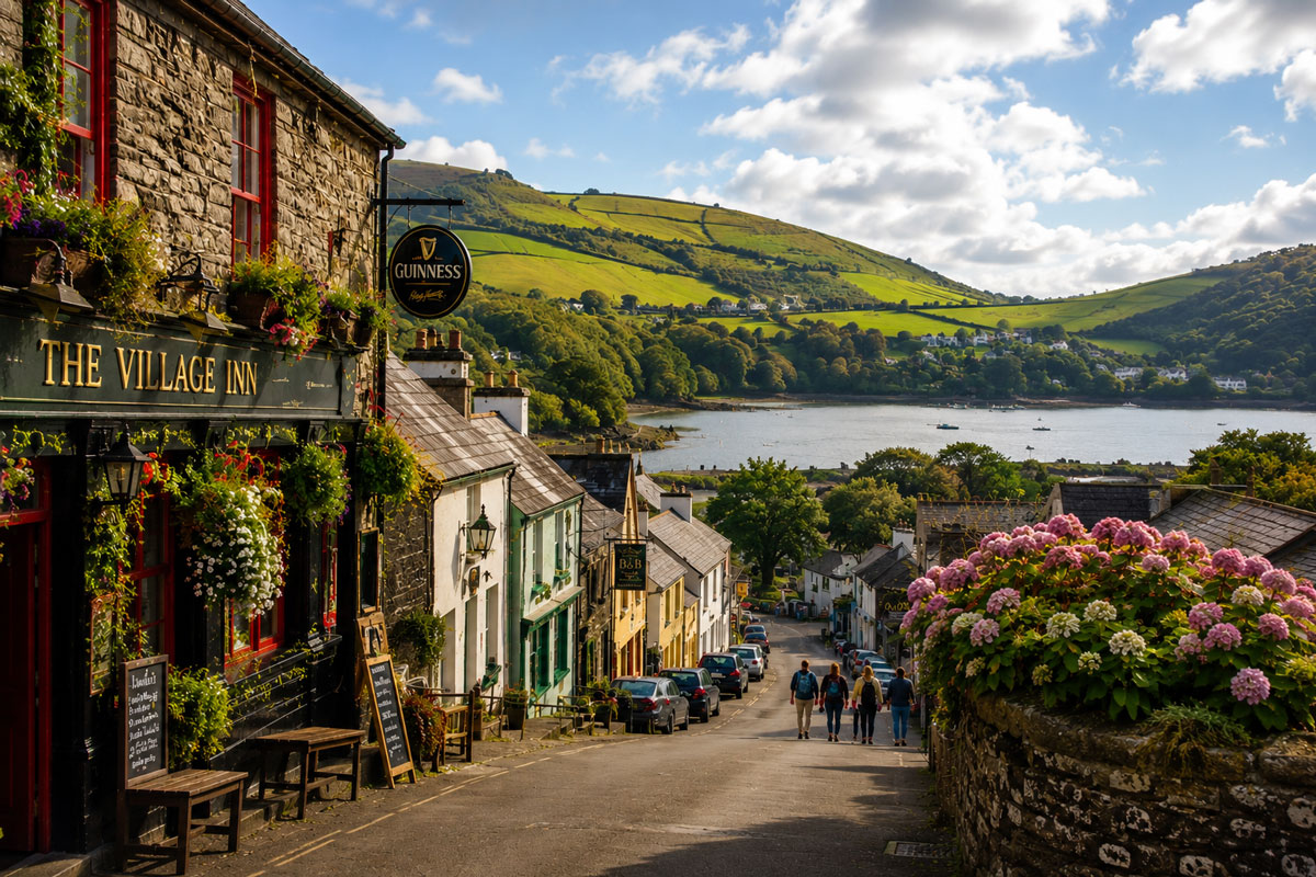 Colorful Irish village overlooking a scenic harbor, with flower-filled stone buildings, a traditional pub, rolling green hills, and visitors strolling down a charming countryside street.