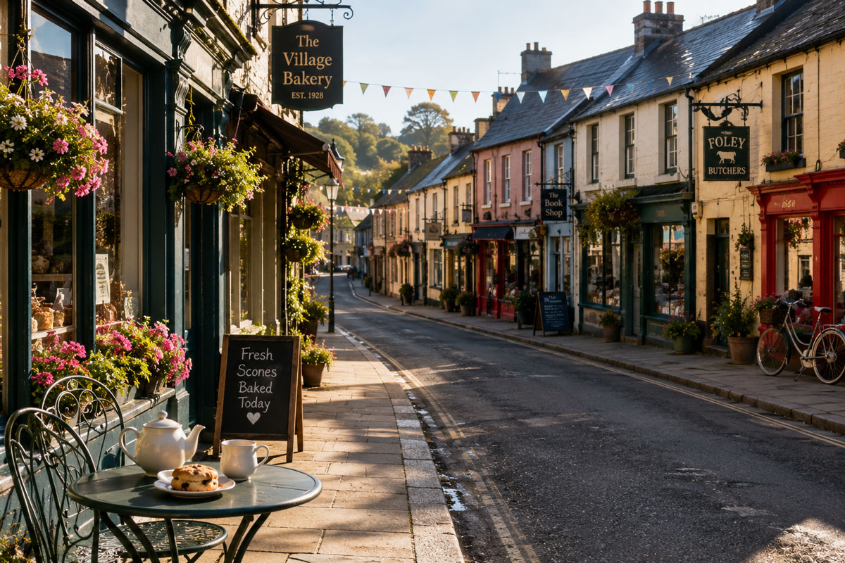 Charming small Irish town on a sunny morning with colorful independent shops, flower-filled baskets, a traditional bakery, outdoor tea table with fresh scones, and quiet streets creating a warm, welcoming atmosphere.
