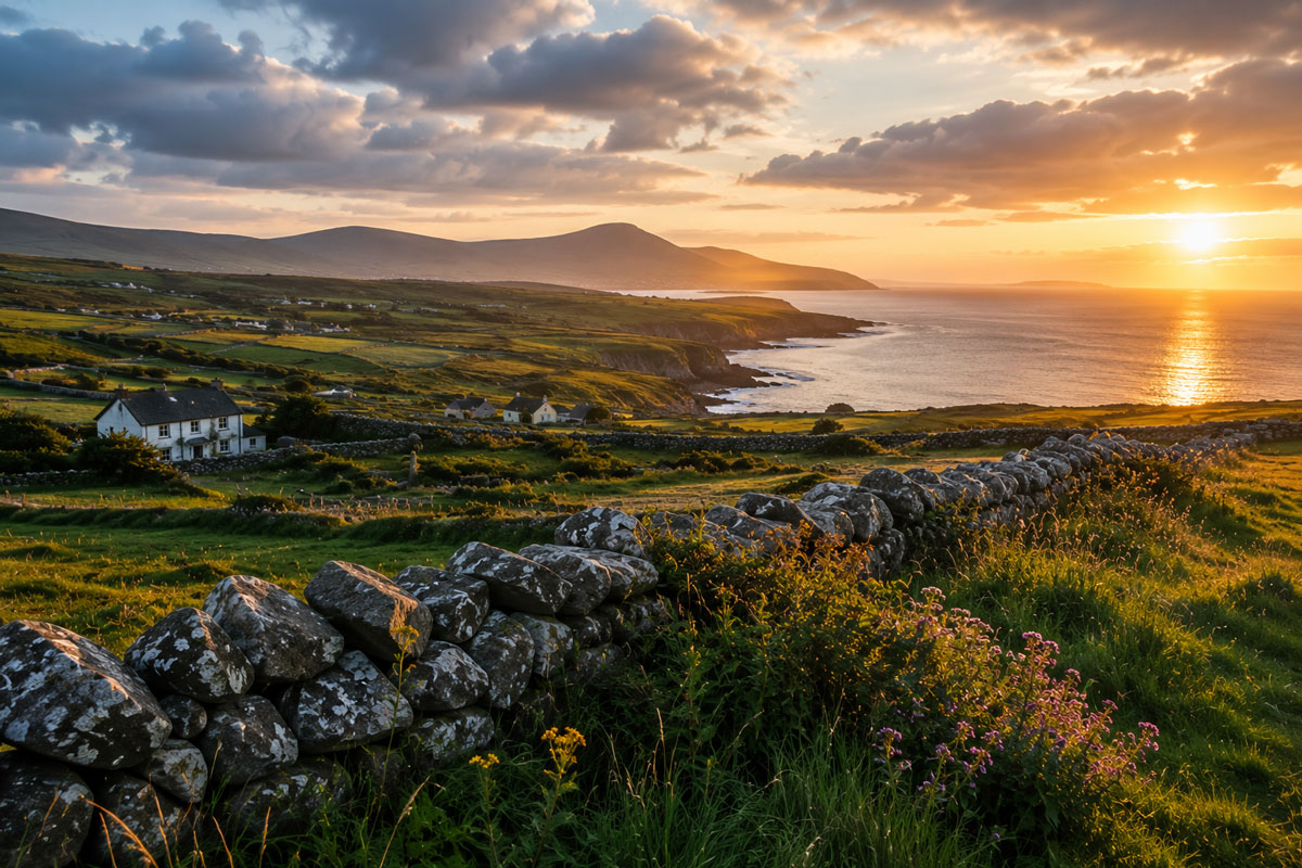 Golden sunset over the Irish coastline with rolling green fields, traditional stone walls, wildflowers, and scattered white cottages overlooking the Atlantic Ocean.