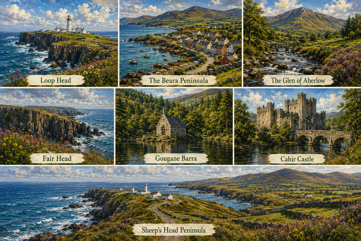 Painterly collage of seven peaceful Irish destinations featuring Loop Head, the Beara Peninsula, Glen of Aherlow, Fair Head, Gougane Barra, Cahir Castle, and Sheep’s Head Peninsula.